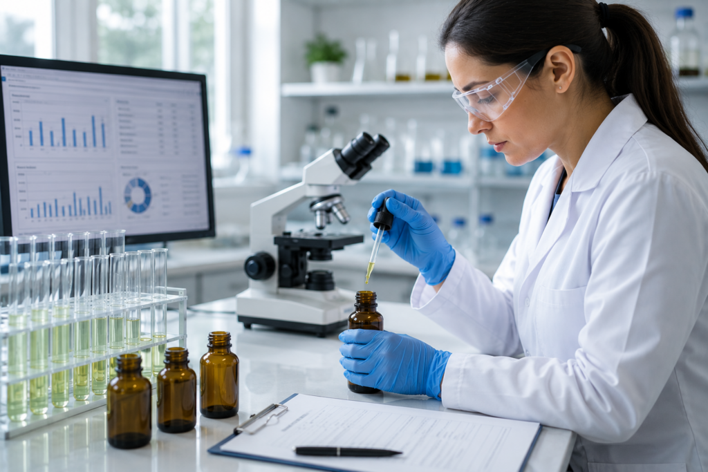 Pesquisadora realizando controle de qualidade laboratorial em produtos à base de cannabis medicinal, analisando certificados e resultados de testes para garantir segurança e padronização.